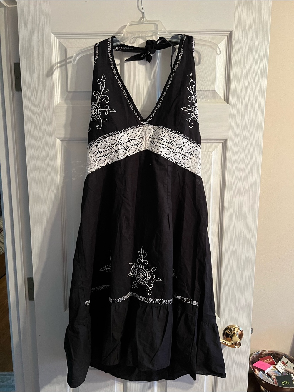Y2K Black Embroidered Halter Dress with White Crochet Trim
